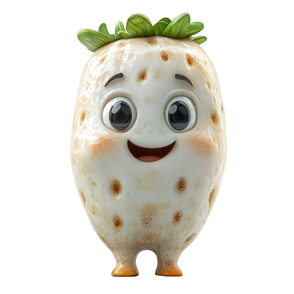 Cute animated character resembling a friendly potato with a happy expression and green top isolated on transparent background png