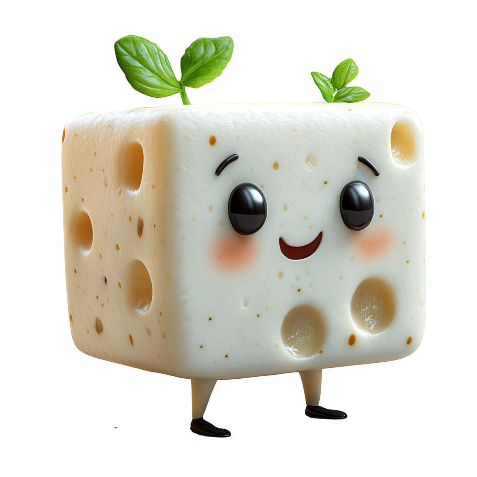 Cute animated cheese character with smiling face and mint leaves on top showcases whimsical design and charm isolated on transparent background png