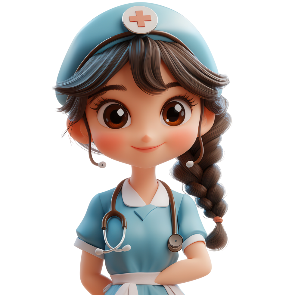 Cute cartoon nurse character wearing scrubs and a stethoscope in a cheerful pose isolated on transparent background png
