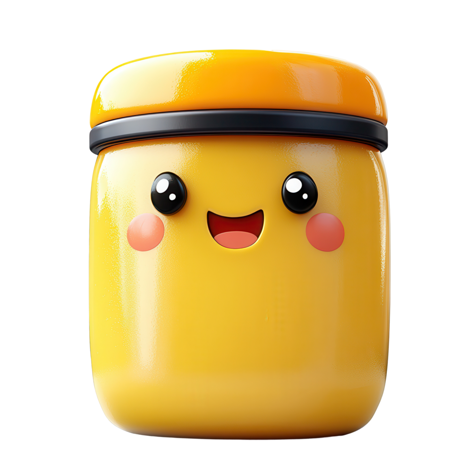 Cute animated jar with a smiling face and bright yellow color, showcasing a playful and cheerful design in a whimsical style isolated on transparent background png