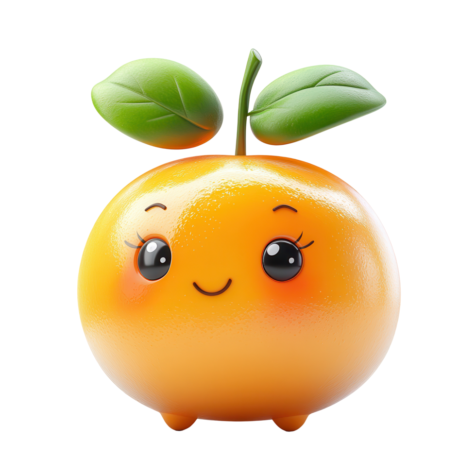 Cute cartoon orange character with smiling face and green leaves in a cheerful design isolated on transparent background png
