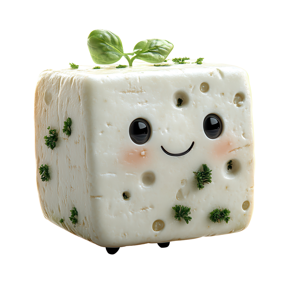 süß lächelnd Tofu Block mit Kräuter und ein Basilikum Blatt auf Spitze ...