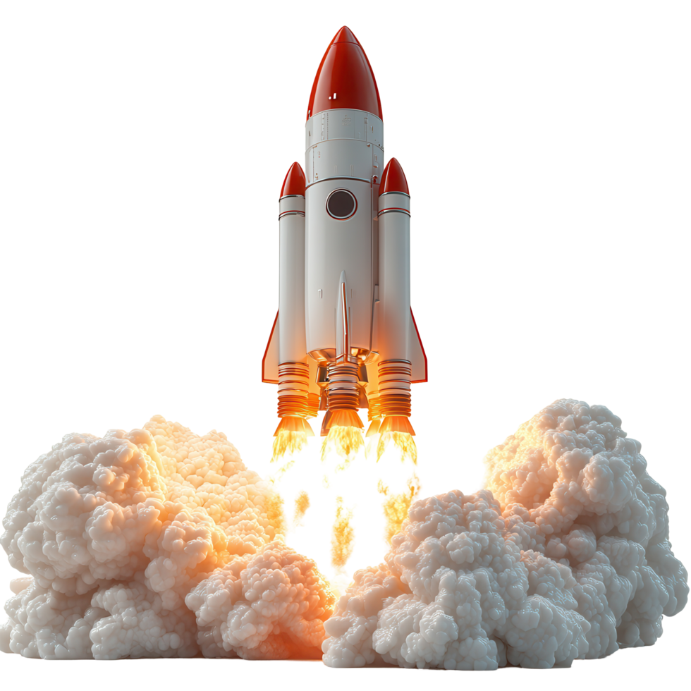 Rocket launches into the sky amid clouds of smoke and flames during a space mission isolated on transparent background png