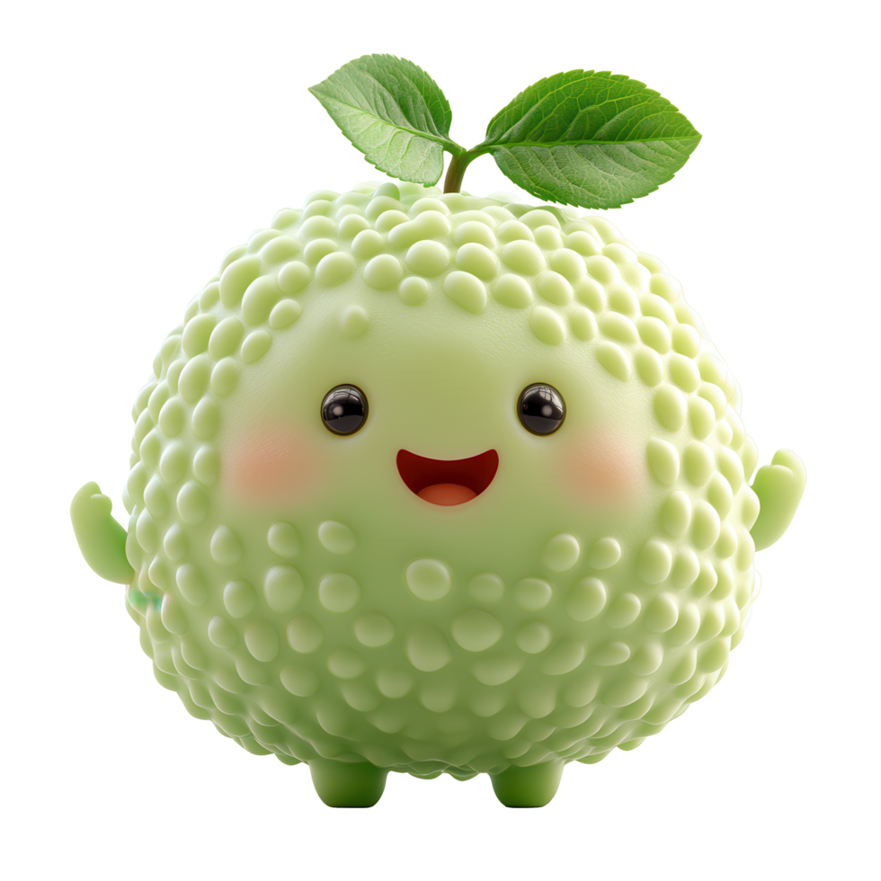 Cute green cartoon character with a smiling face and leaf on top isolated on transparent background png