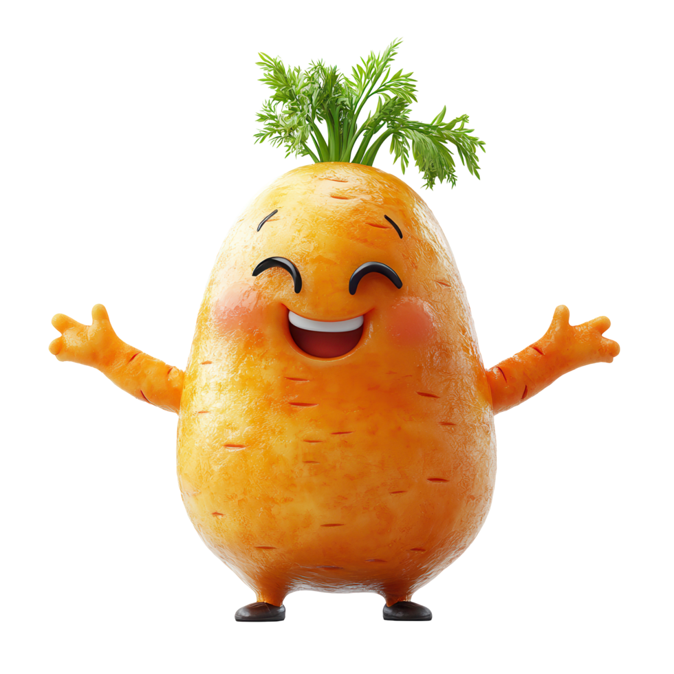Happy cartoon carrot character with a cheerful expression and green leaves on its head isolated on transparent background png