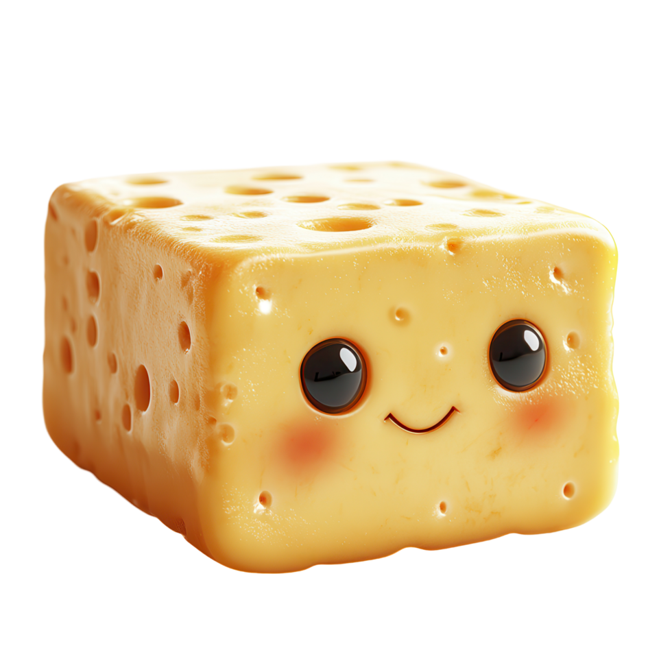 Cute smiling cheese block character with big eyes and rosy cheeks creating a cheerful atmosphere isolated on transparent background png