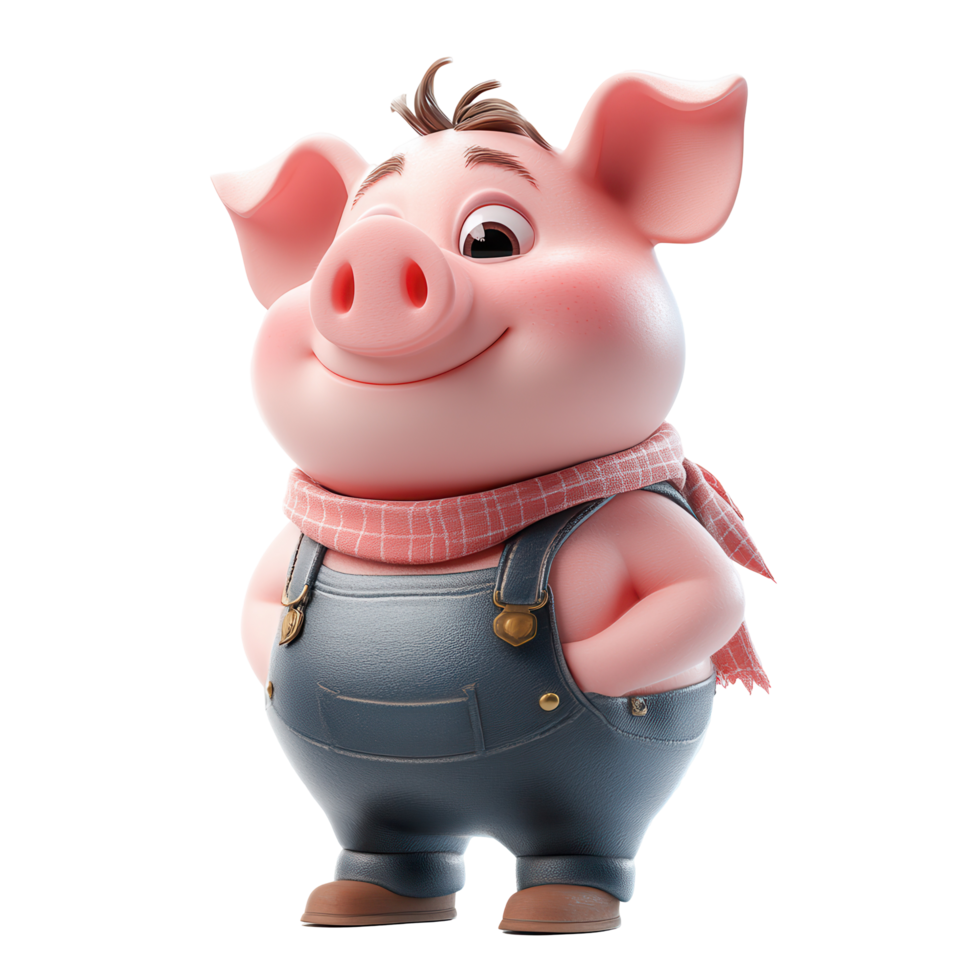 Friendly cartoon pig character wearing overalls and a scarf with a cheerful expression isolated on transparent background png
