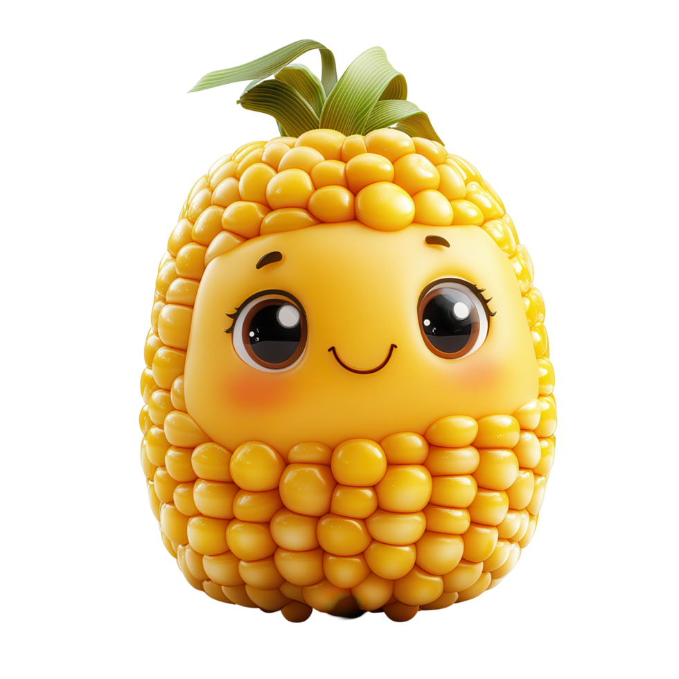 Cute anthropomorphic pineapple character with smiling face and big eyes, surrounded by bright colors and playful design elements isolated on transparent background png