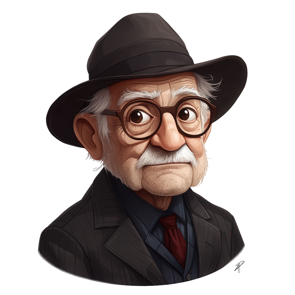 Elderly man with glasses and a hat showcasing a thoughtful expression in a vintage style portrait isolated on transparent background png