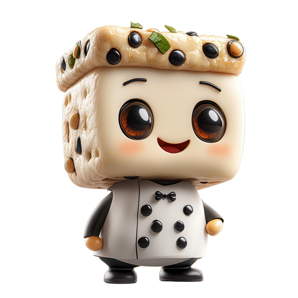 Character with a square head and round eyes wearing a chef outfit holds a playful expression against a simple background isolated on transparent background png