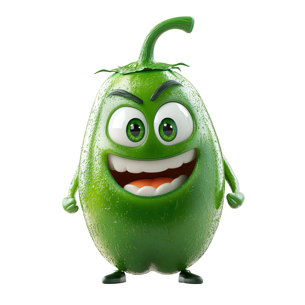 Cartoon character of a smiling green pepper with large eyes and a cheerful expression in a whimsical design isolated on transparent background png
