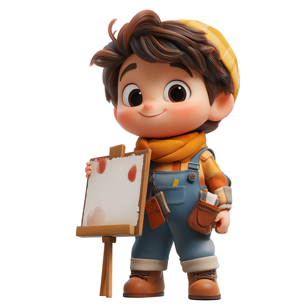 Young artist holds a blank canvas while smiling, dressed in a cozy outfit in a creative setting isolated on transparent background png