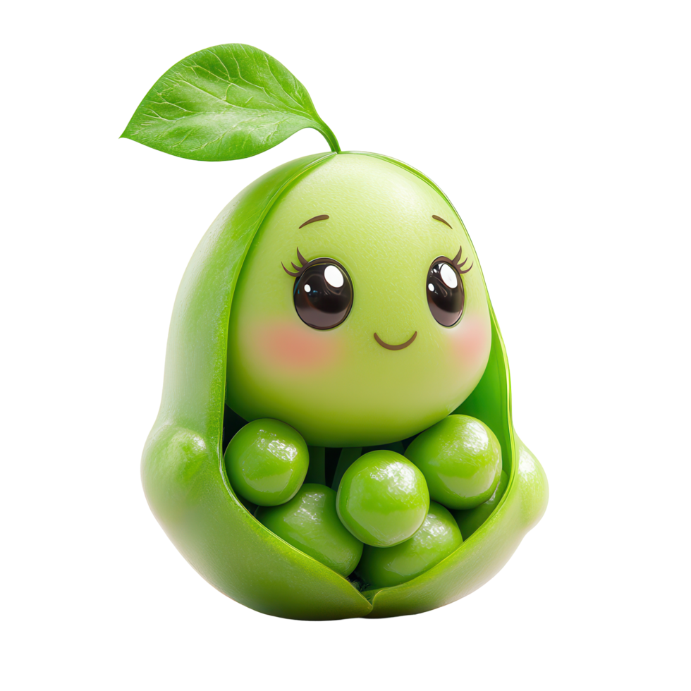Cute green character with eyes and a leaf, nestled amongst peas in a playful arrangement isolated on transparent background png