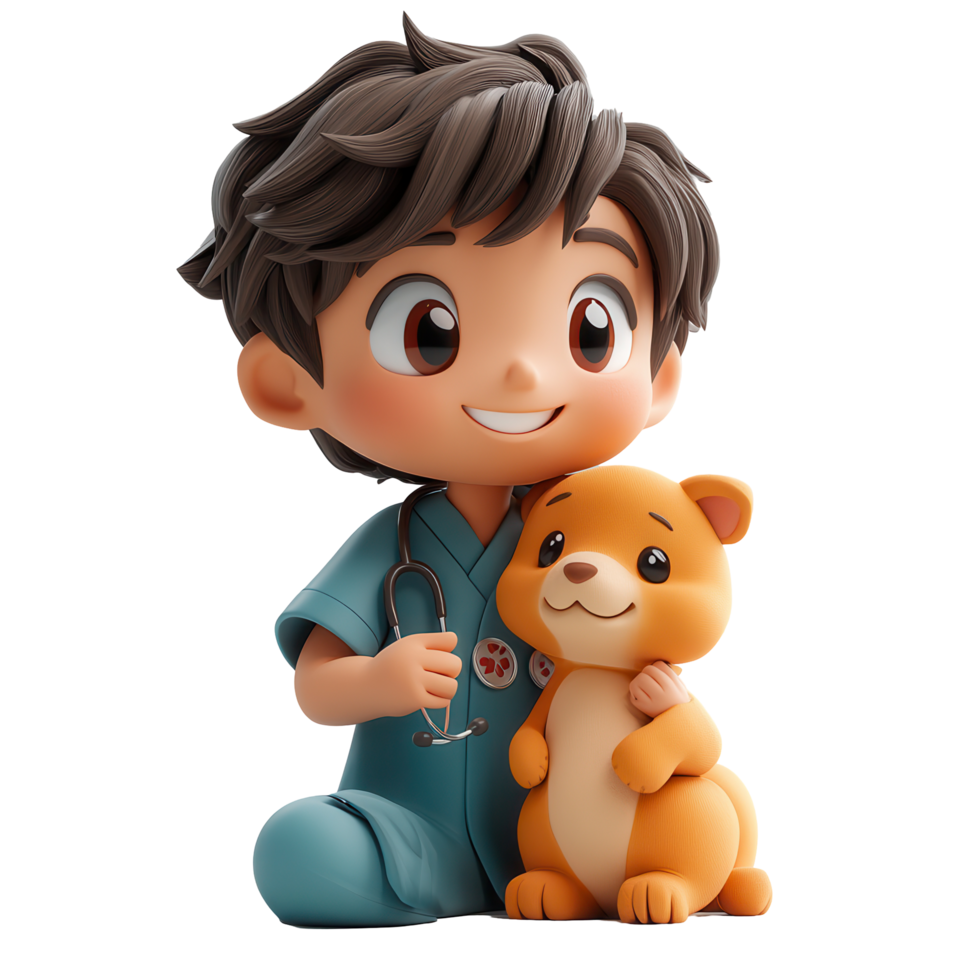 Young veterinarian caring for a cute pet in a warm and friendly environment with playful colors and joyful expressions isolated on transparent background png