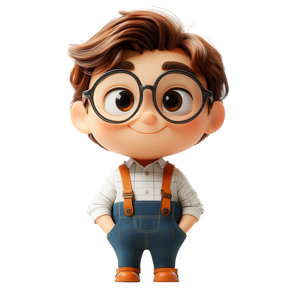 Cute cartoon boy with glasses wearing suspenders and a checkered shirt standing confidently in a bright setting isolated on transparent background png