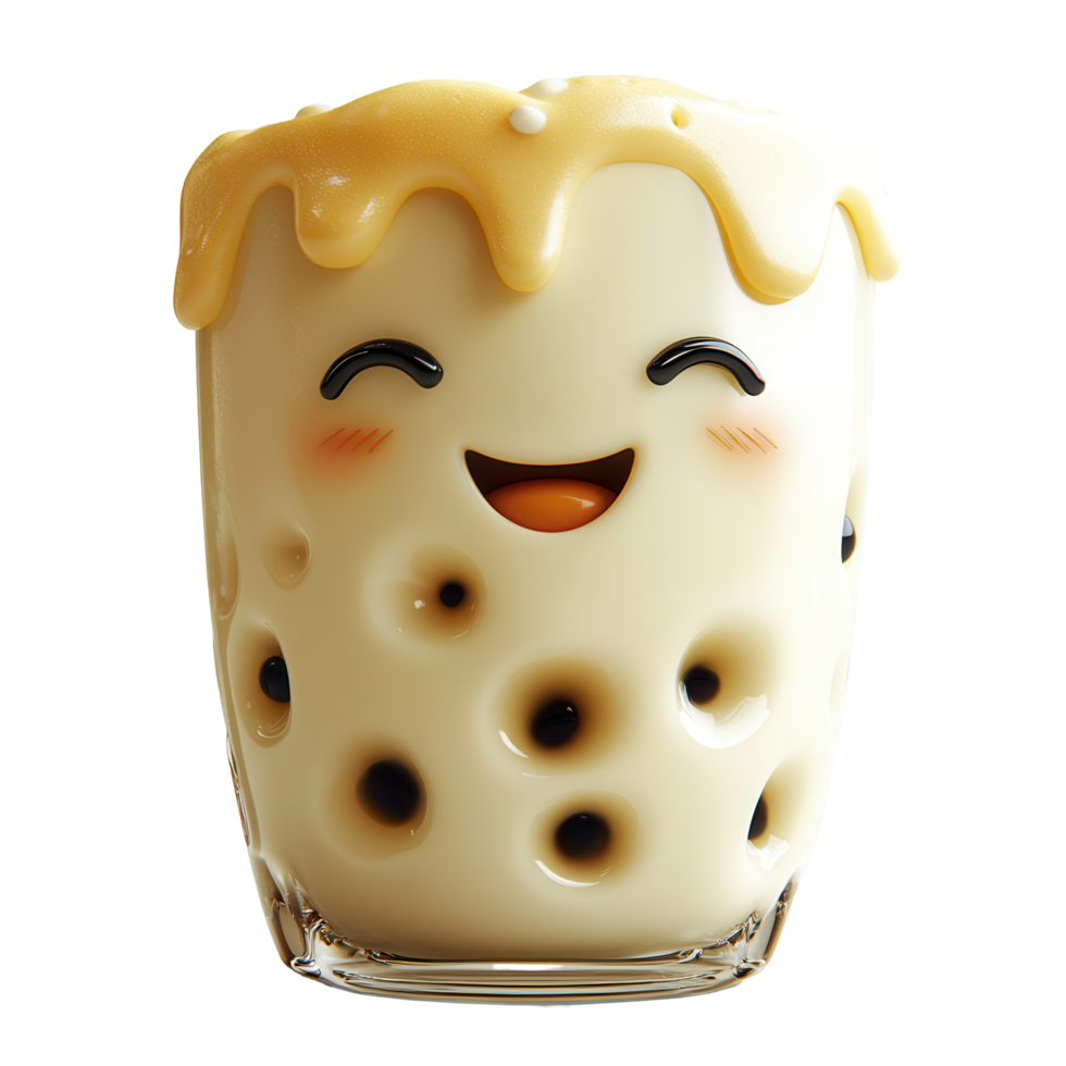 Adorable bubble tea drink with playful expression in a clear glass showcasing tapioca pearls and creamy topping isolated on transparent background png