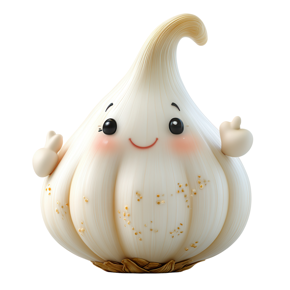Cute smiling garlic character with cartoonish features promoting healthy eating habits and cooking creativity isolated on transparent background png