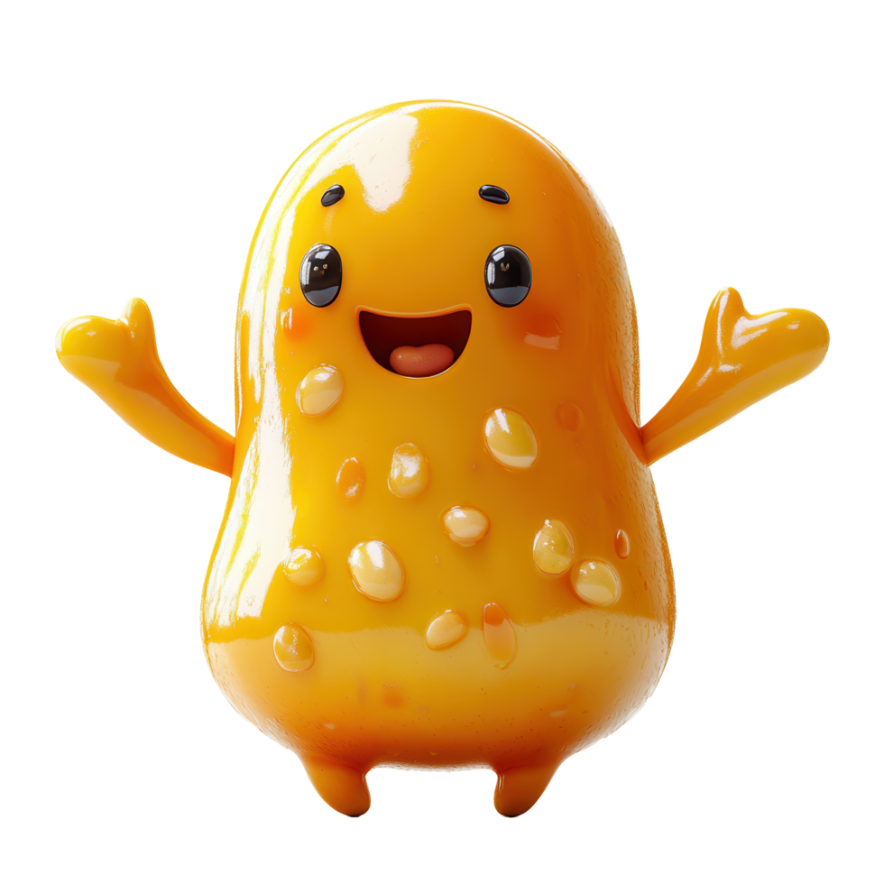 Cheerful animated character with a bright yellow appearance and expressive face standing with arms raised isolated on transparent background png
