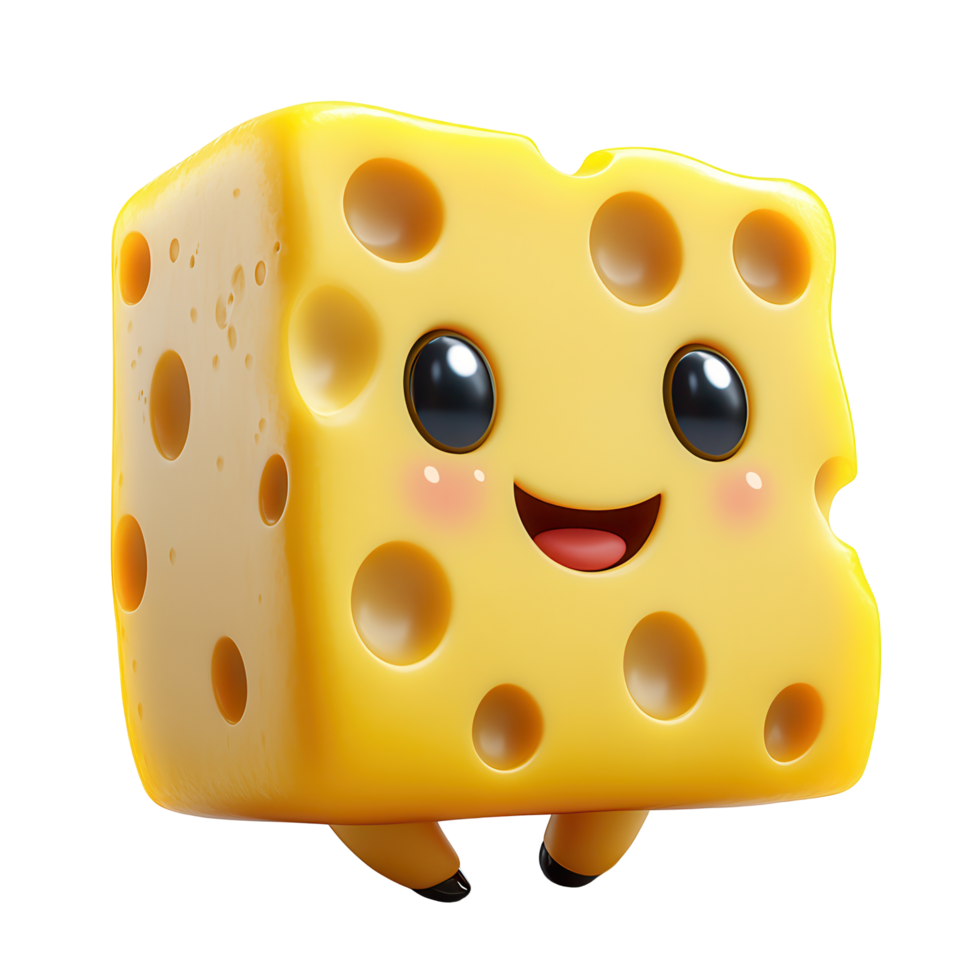Cute animated cheese character with a joyful expression enjoys a fun adventure in a colorful, whimsical world isolated on transparent background png