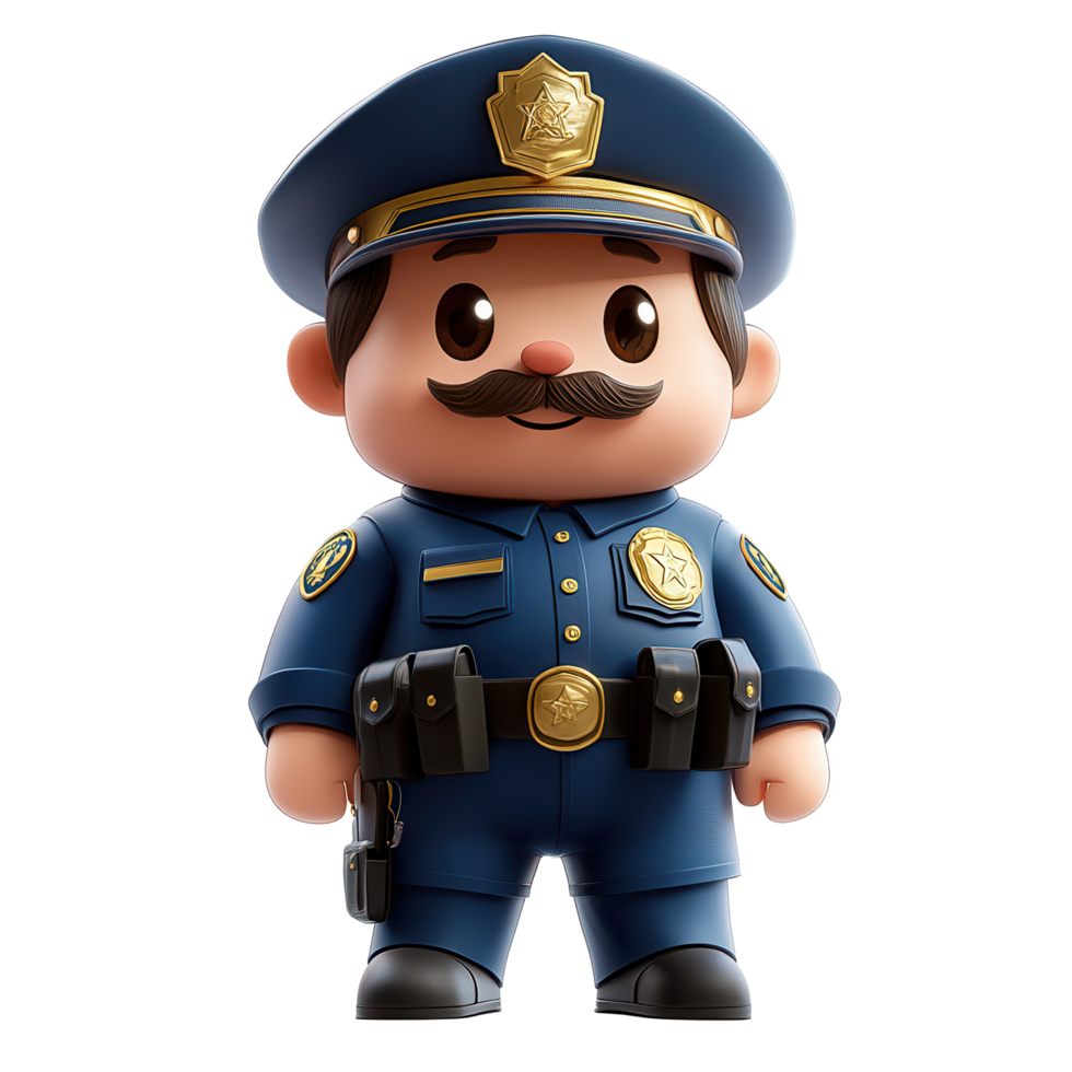 Cute cartoon police officer character in a blue uniform with a badge and mustache standing confidently isolated on transparent background png
