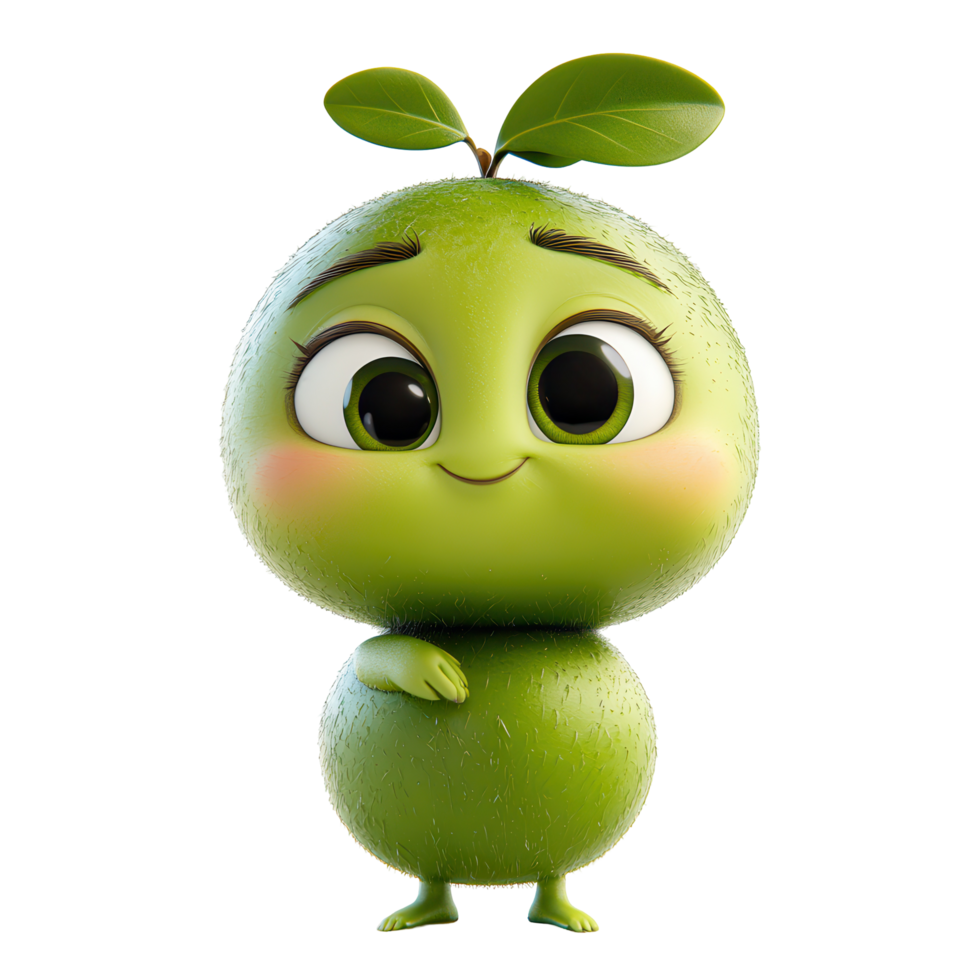 Happy green character with big eyes and leaf on head embodies cheer in a whimsical, animated style isolated on transparent background png