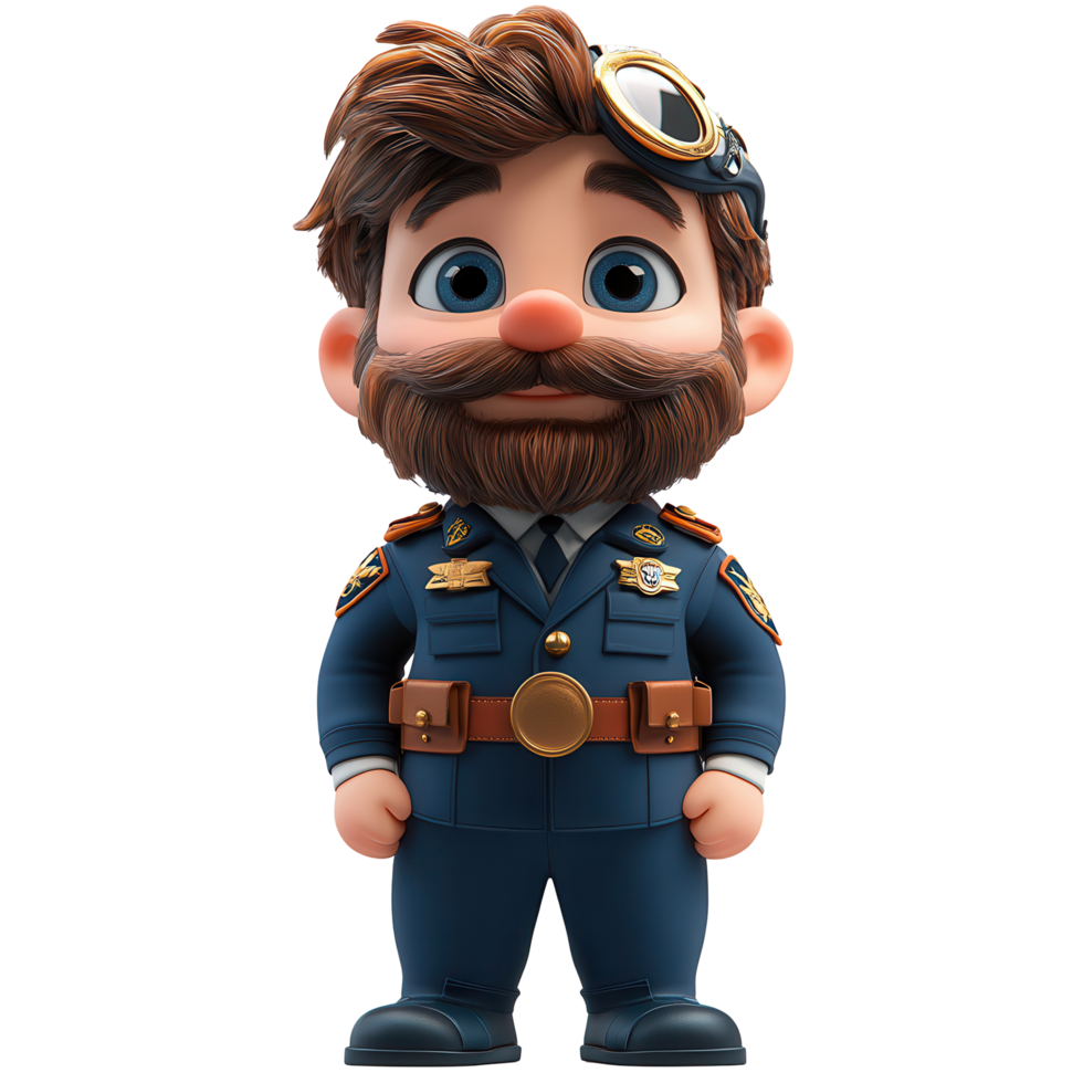 Cute cartoon character in a navy blue uniform with goggles, exuding charm and personality at a whimsical setting isolated on transparent background png