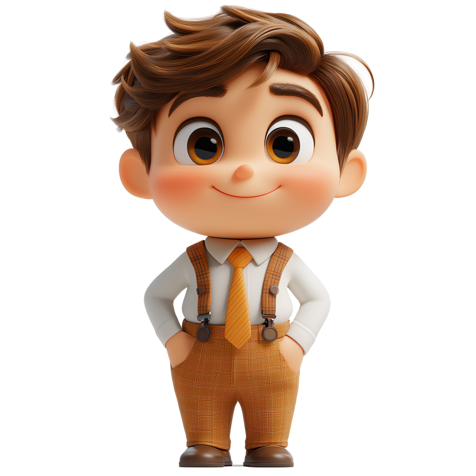 Cheerful young character wearing suspenders and an orange tie with a friendly smile standing confidently against a plain background isolated on transparent background png