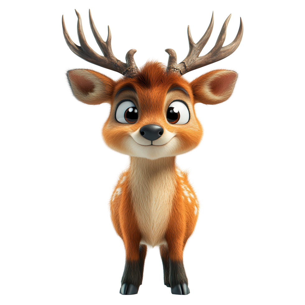 Cute cartoon deer character with antlers standing happily in a bright animated forest setting, ideal for children's media or storytelling isolated on transparent background png