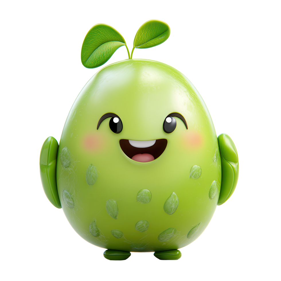 Cheerful green cartoon character with a smiling face and leaf details in a playful pose isolated on transparent background png