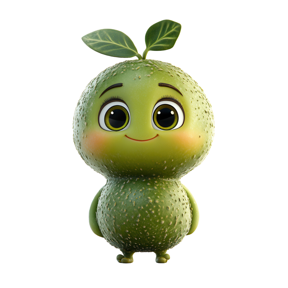 Cute cartoon character resembling a green fruit stands cheerfully with a leaf on its head isolated on transparent background png