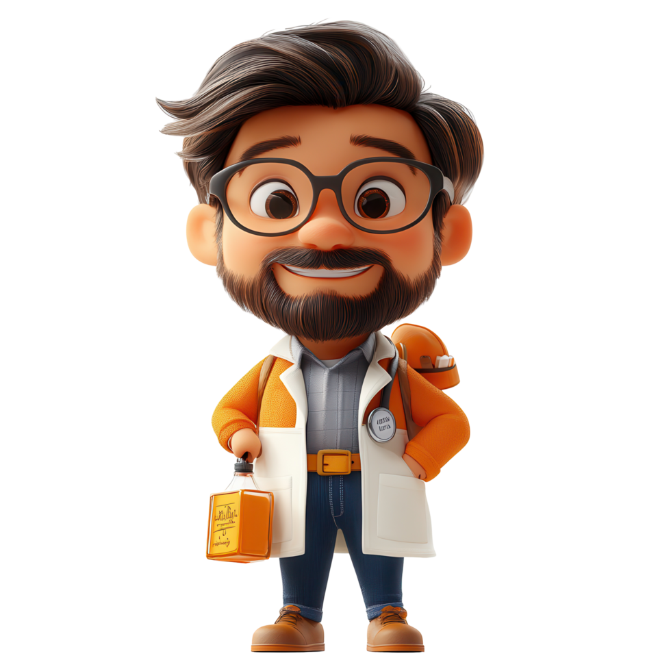 Friendly animated scientist with a briefcase in a lab coat showcasing a professional demeanor at a research facility isolated on transparent background png