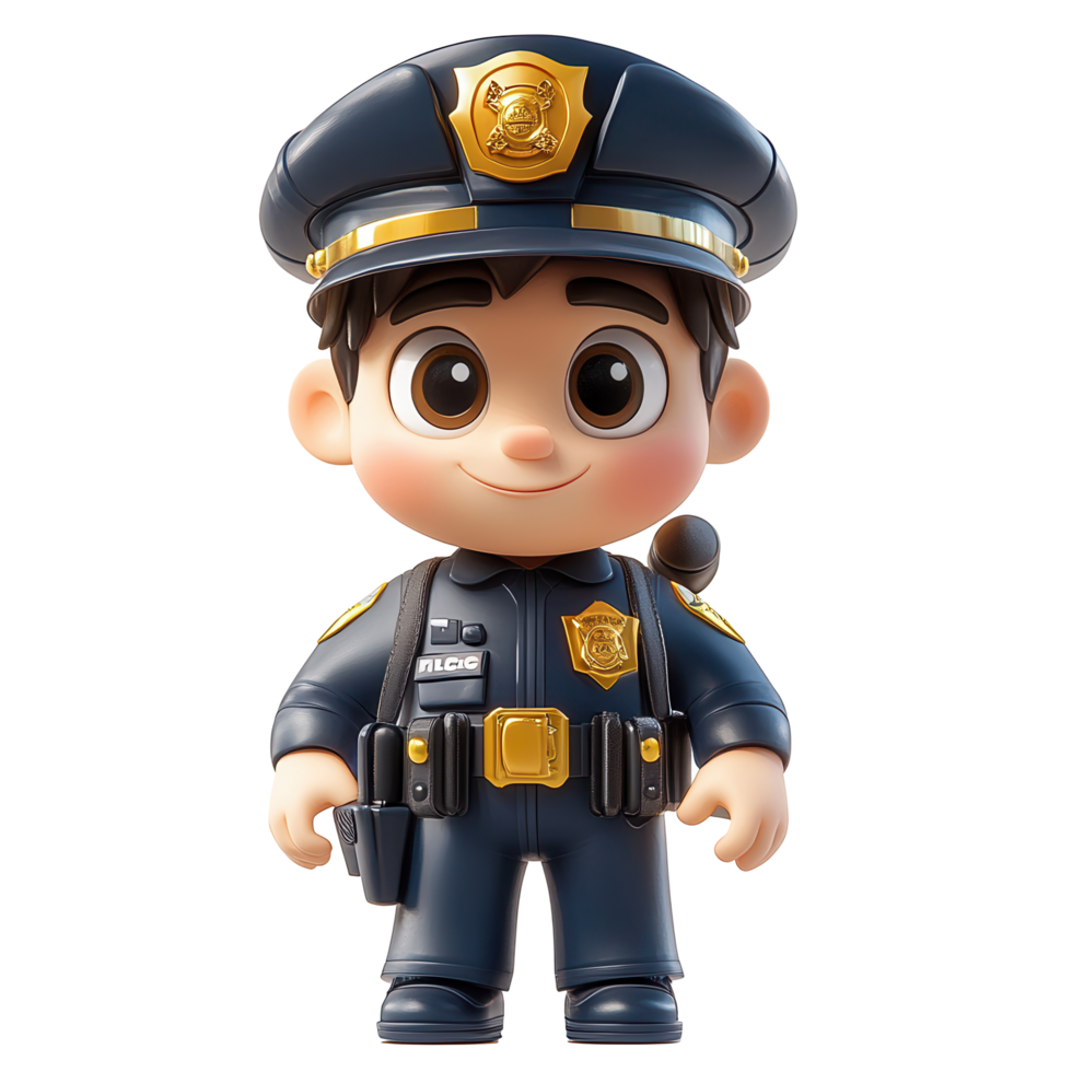 Cute cartoon character of a young police officer standing proudly in a playful pose with a friendly expression isolated on transparent background png