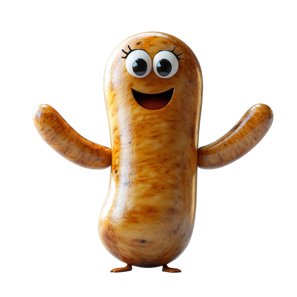 Friendly cartoon character resembling a sausage stands cheerfully with arms outstretched in a playful pose isolated on transparent background png