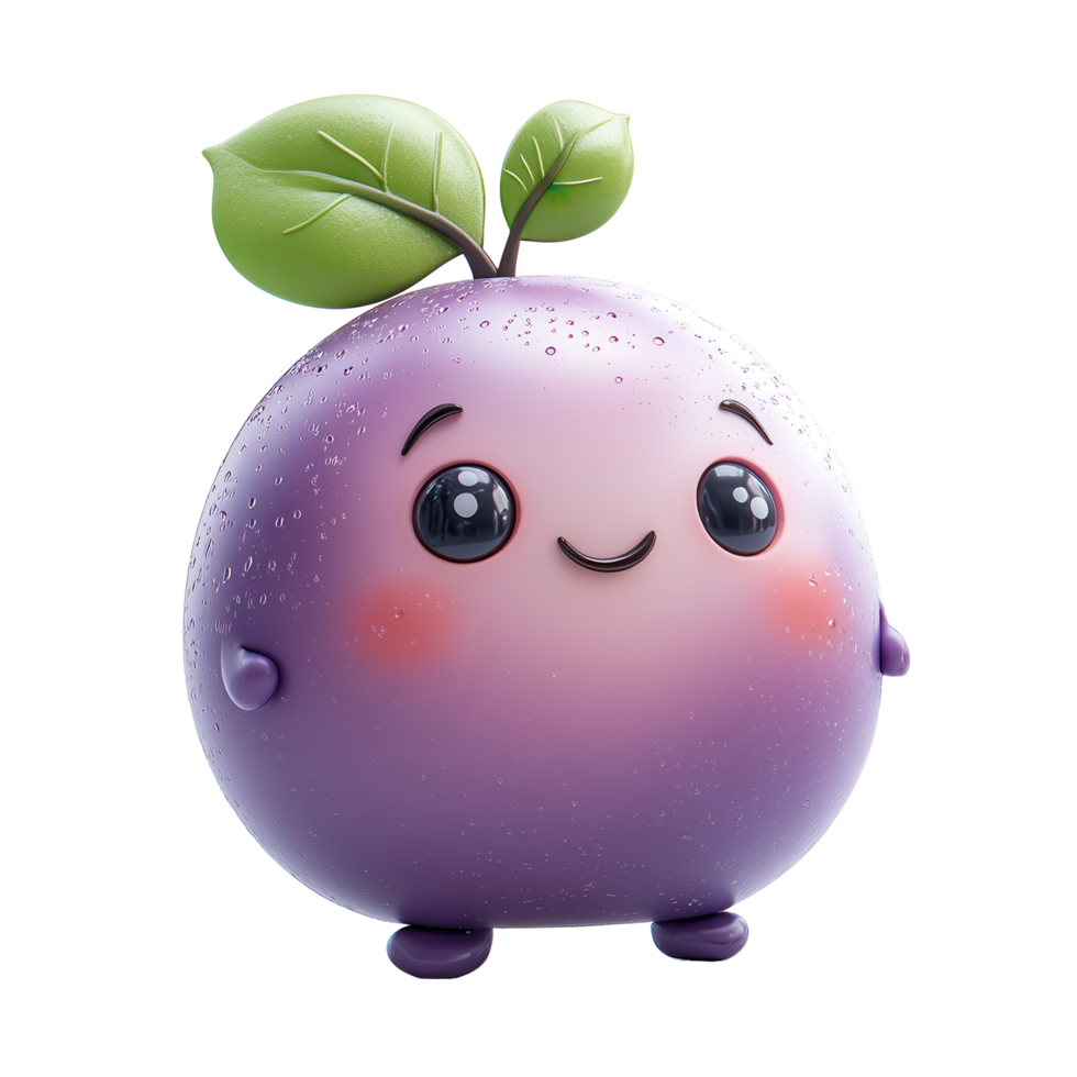 Cute and cheerful cartoon character resembling a purple fruit with a smiling face and leaf on top in a playful pose isolated on transparent background png
