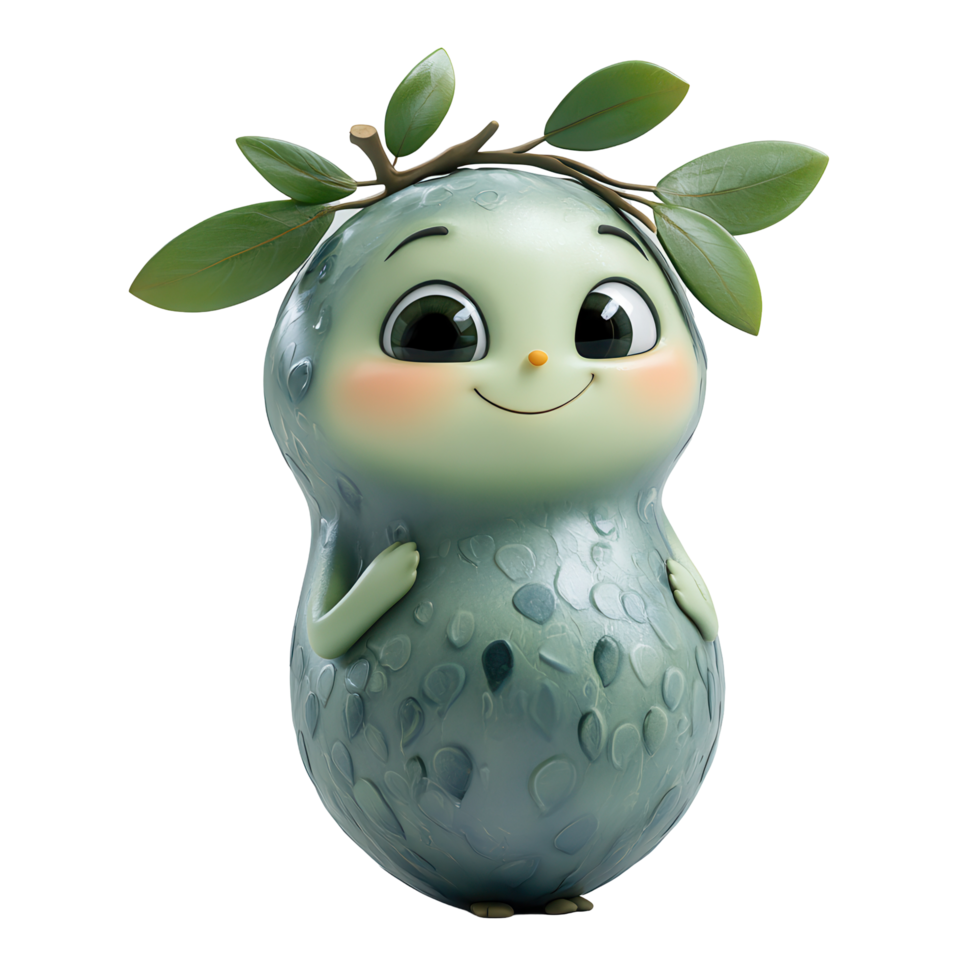 A charming animated character stands with a joyful smile, featuring a rounded body and green skin, adorned with leaves on top isolated on transparent background png