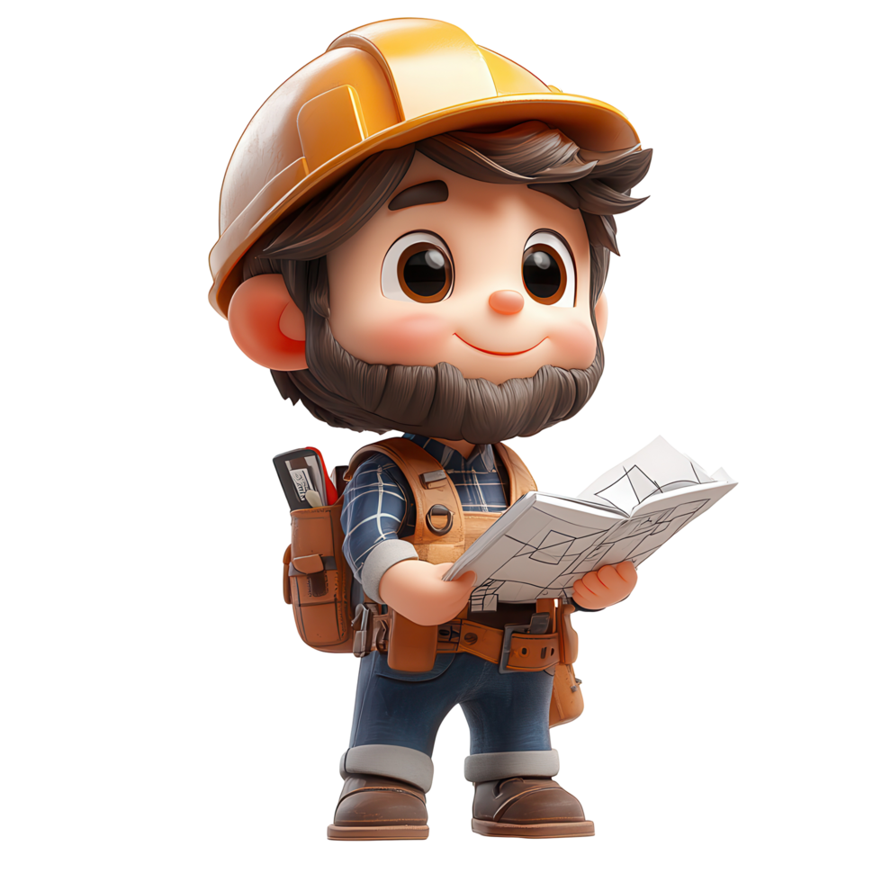 Cheerful construction worker exploring building plans in a playful cartoon style isolated on transparent background png