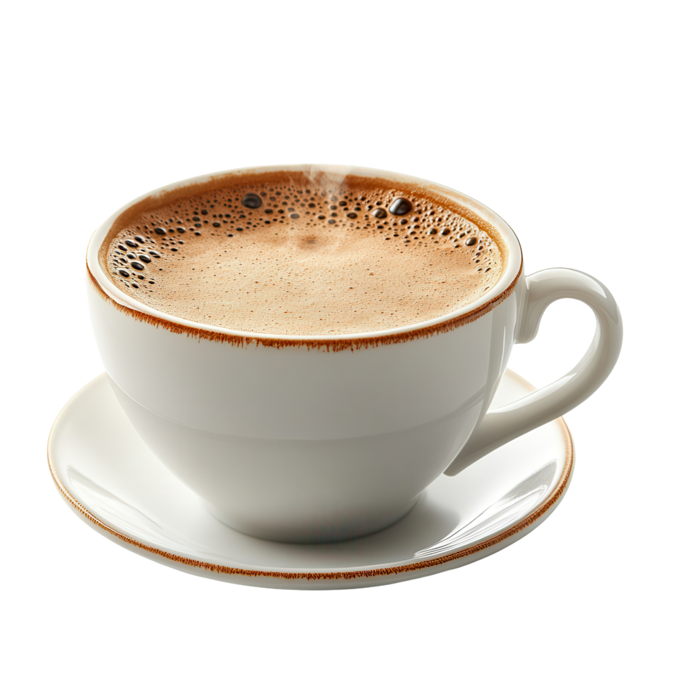 Delicious hot beverage served in a classic cup with frothy top and decorative saucer at a cafe isolated on transparent background png