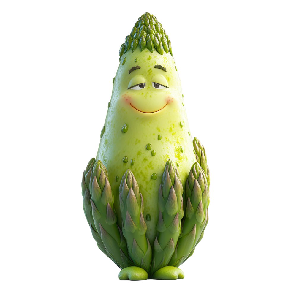 Friendly animated asparagus character smiling cheerfully in a playful and colorful design isolated on transparent background png
