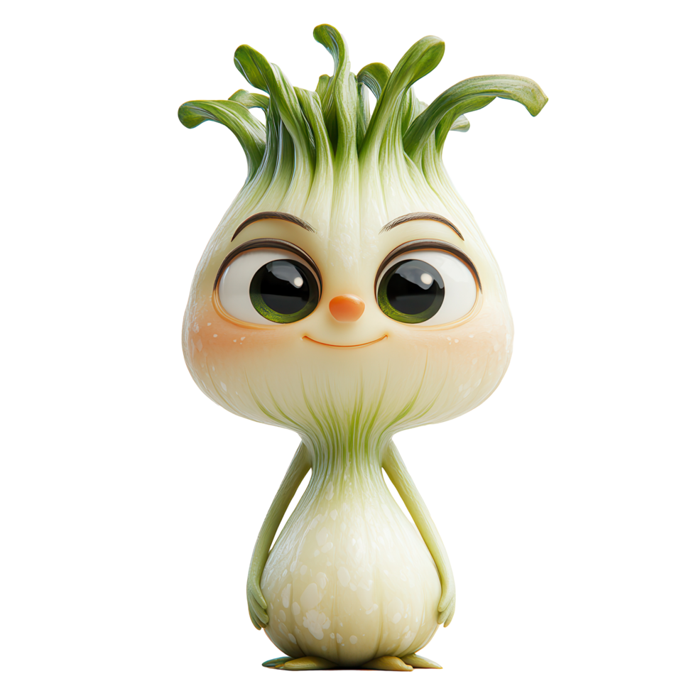 Cheerful cartoon character resembling a sprout with big eyes and a friendly smile standing against a plain background isolated on transparent background png