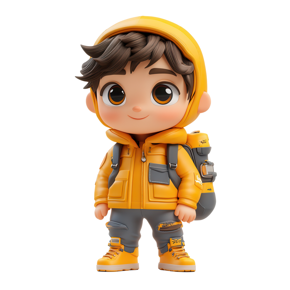 Brightly dressed boy character in yellow hooded jacket and backpack ready for adventure outdoors isolated on transparent background png