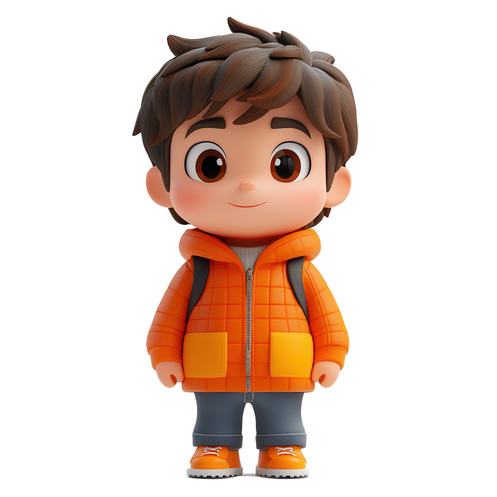 Cute cartoon character in orange jacket stands confidently with a smile in a playful and inviting pose isolated on transparent background png