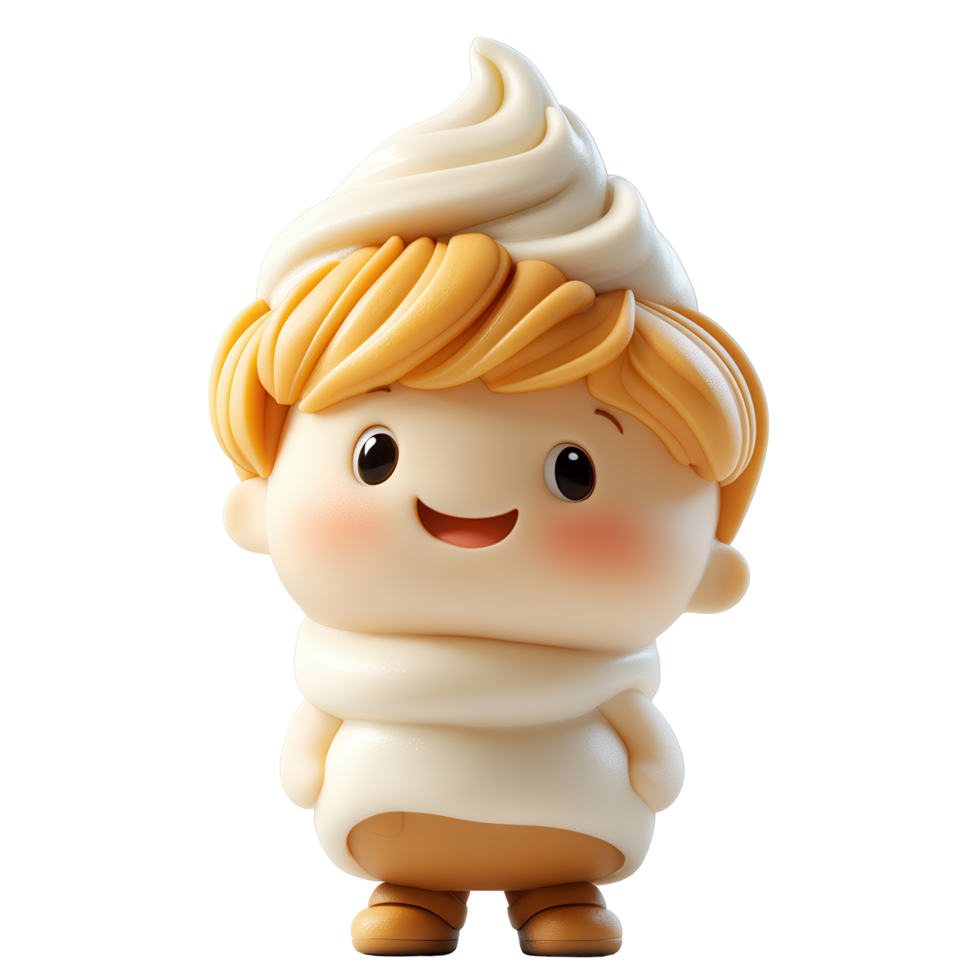 Cute cartoon character with a swirl of cream on its head standing happily in a cheerful setting isolated on transparent background png