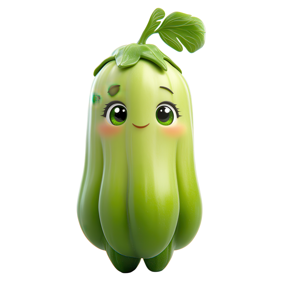 Cute animated green vegetable character with a happy face and leafy top in a playful pose isolated on transparent background png
