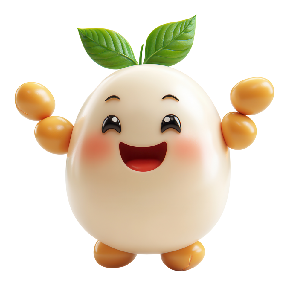 Cute animated character with a happy expression and leaf on top represents joy and playfulness in a whimsical setting isolated on transparent background png
