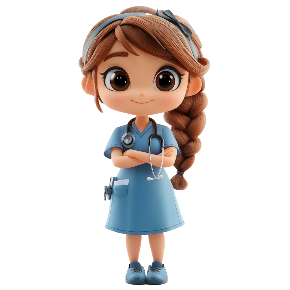 Cute cartoon nurse character with stethoscope in blue scrubs standing confidently isolated on transparent background png