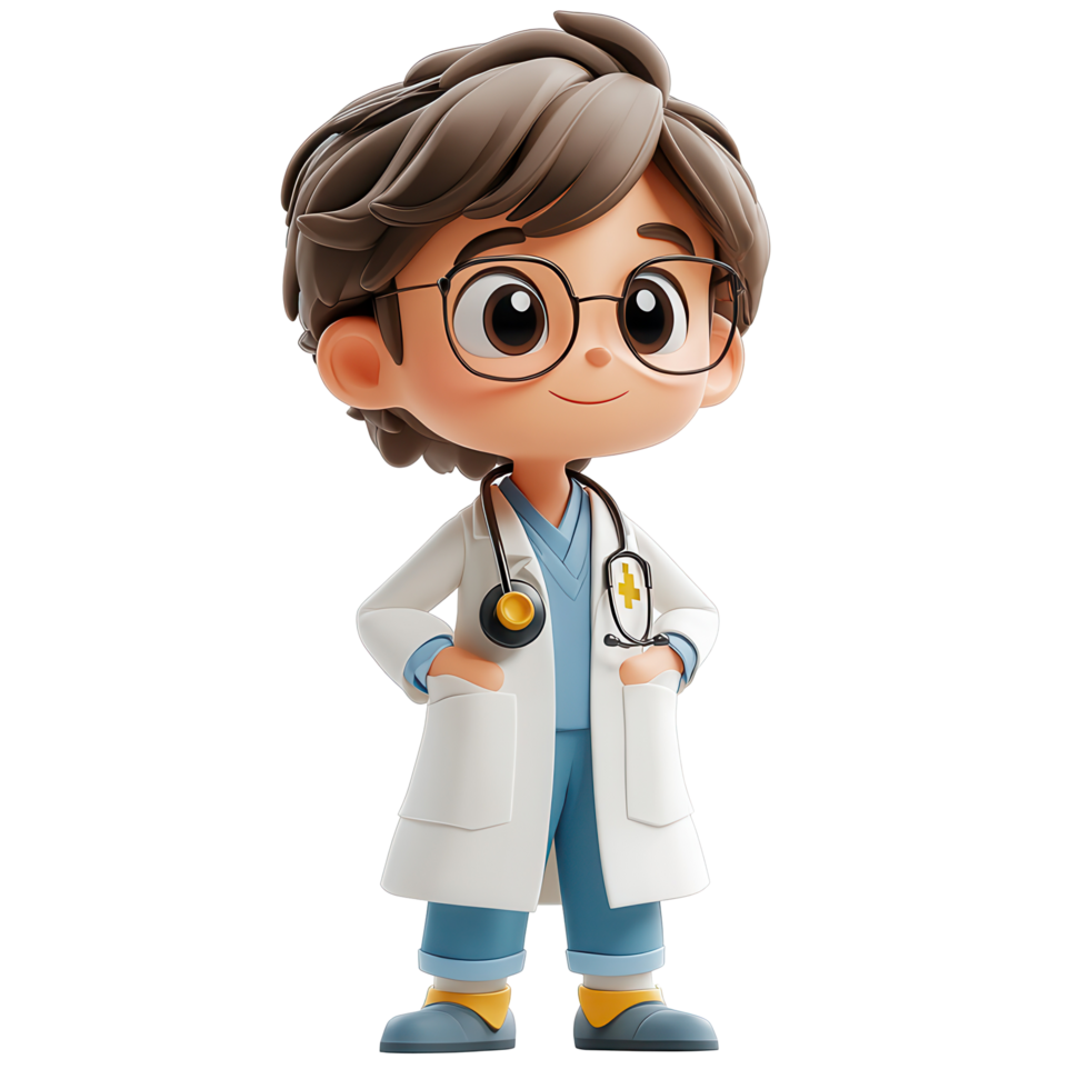 Cartoon character of a young doctor wearing a white coat with a stethoscope in a cheerful pose against a plain background isolated on transparent background png