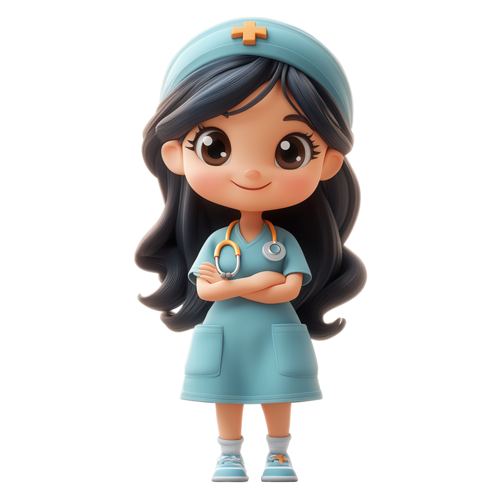 Cute cartoon character of a nurse standing proudly in a light blue uniform with a stethoscope in hand and a cheerful expression isolated on transparent background png