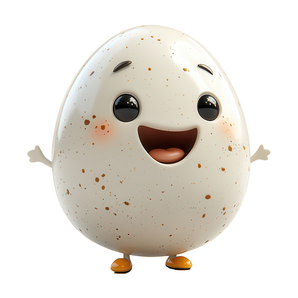 Cute animated character of a smiling egg with big eyes and cheerful expression, standing with arms open in a playful manner isolated on transparent background png