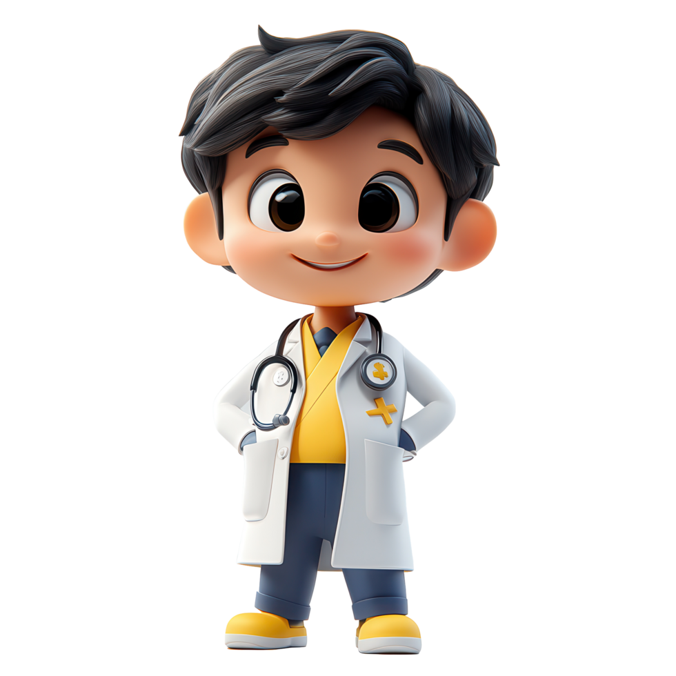 Young doctor character with stethoscope in friendly pose ready to help in a healthcare setting isolated on transparent background png