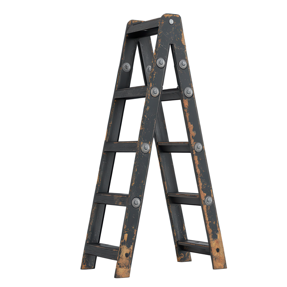 Wooden ladder stands against a neutral background showing signs of wear and tear, highlighting its character and utility in home improvement tasks isolated on transparent background png
